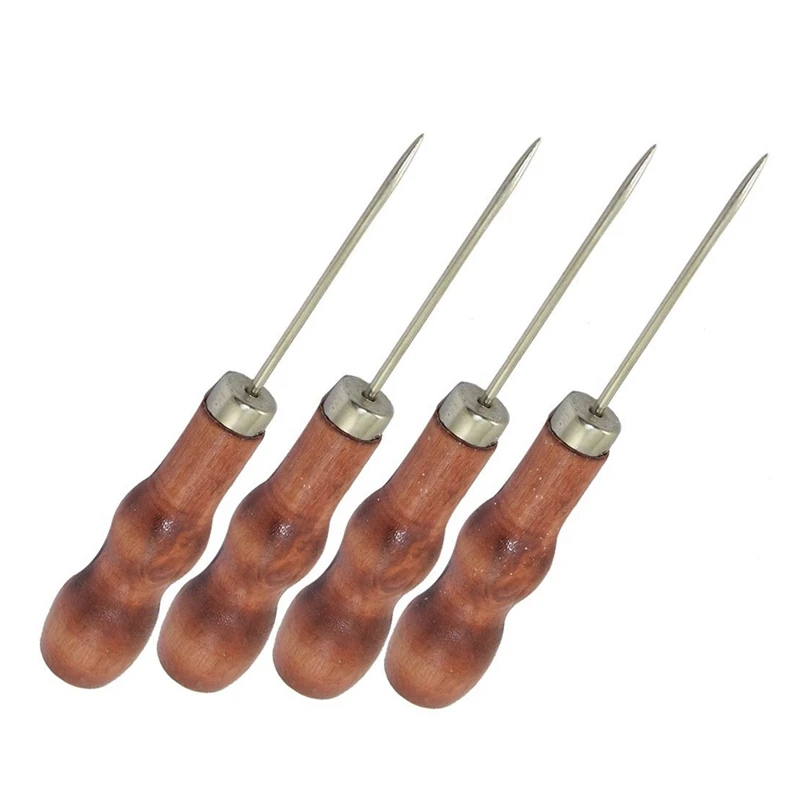 4 Pcs x Red Nonslip Wooden Handle Leather Canvas Sewing Awl Tool 4.9"