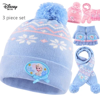 

Disney Series Children's Hat Scarf Gloves Three-piece Set Autumn and Winter Princess Elsa Girl Warm One-piece Suit Wool Material