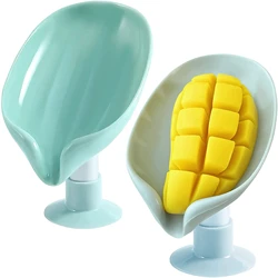 2 Pcs Bar Soap Holder Not Punched Easy Clean Soap Dish For Shower Leaf Shape Self Draining Soap Holder Suction Cup Creative Box