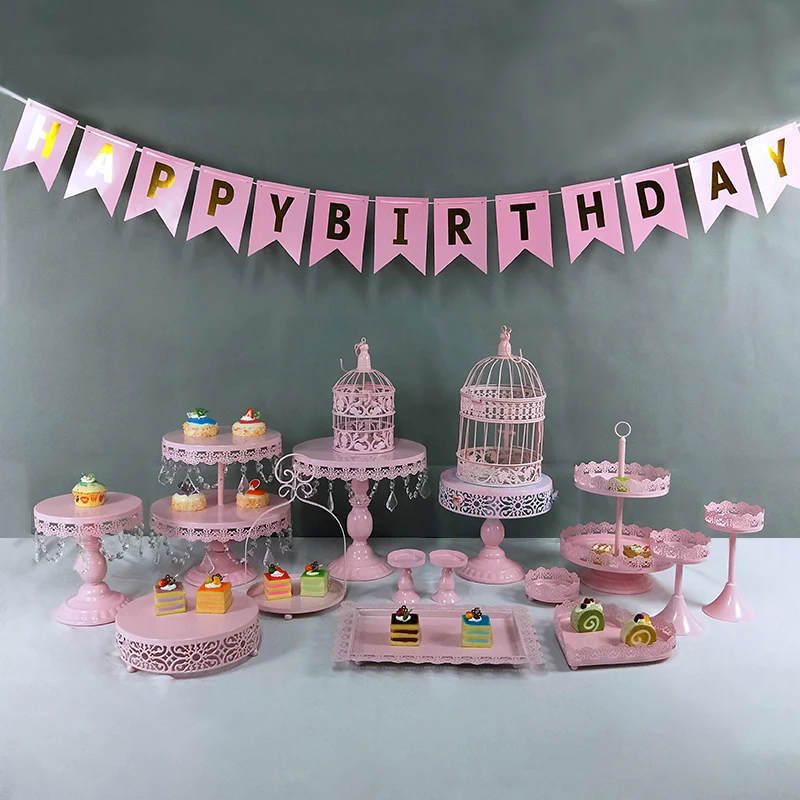 pink NL 16PCS Свадебный десерт украшение стола розовый торт стенд набор Железный торт сковорода Свадьба Европейская подставка для десерта - Цвет: pink NL 16PCS