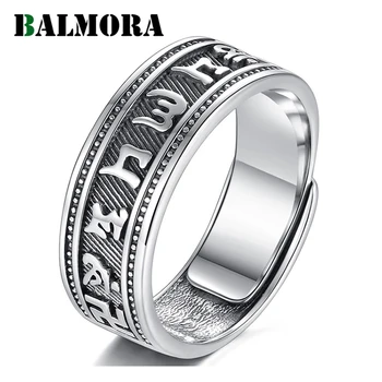 

BALMORA 990 Pure Silver Buddhistic Six Word's Sutra Open Rings for Women Men Lovers Gift Religious Ring Jewelry Anillos