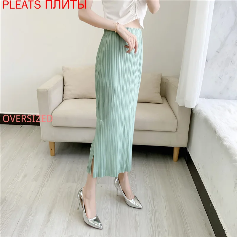 

Miyake Pleated Skirt Side Slits High Waist Slimming Mid-length Summer New Style PLEATS Upe Faldas Falda Saia Kawaii Jupe
