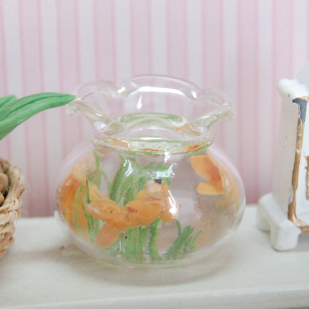 MIni Fish Bowl Tank W/ Water Gold Fish Plants 1/12 Dollhouse Pets Table Decor Miniature Mini Goldfish Fish Aquarium