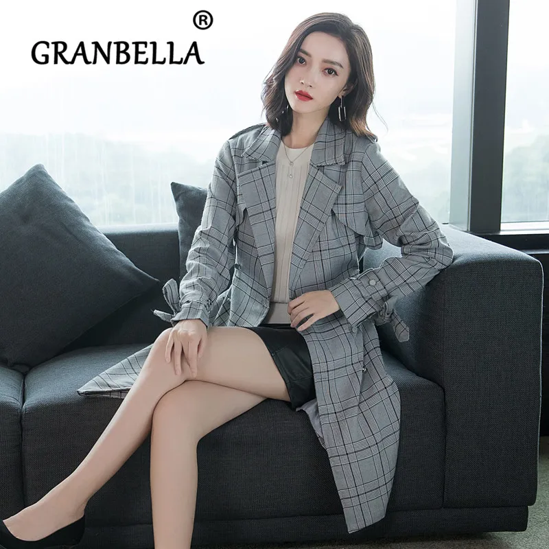 

Long Loose Temperament Women Overcoat Plaid Waist Belt Full Sleeve Double Breasted Elegant Female Trench Coat