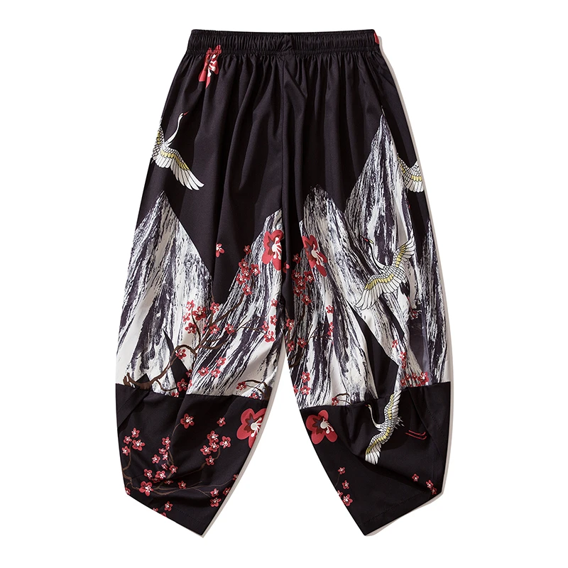 Bebovizi 2020 Japanese Style Harajuku Men Trousers Sakura Samurai Costume Loose Fashion Women Traditional Bloom Pants Haori