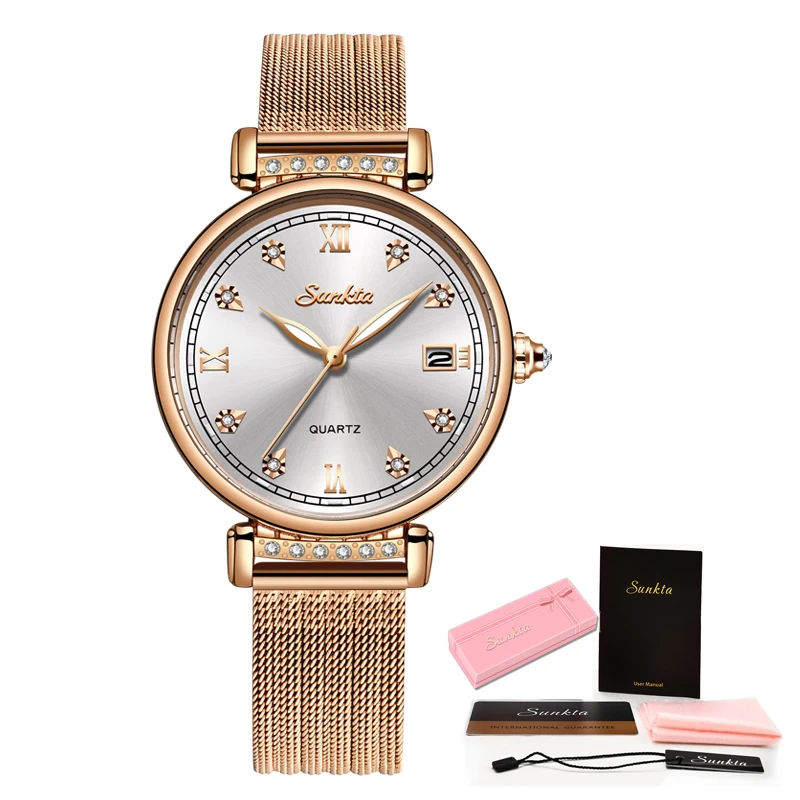 SUNKTA, женские часы, качественные, нержавеющая сталь, ремешок, Япония, кварцевый механизм, водонепроницаемые, для женщин, все розовое золото, женские Роскошные наручные часы