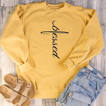 

Women Religion Christian Bible Baptism Unisex Pure Cotton Pullovers Quote Slogan Tops Blessed Sweatshirt Cross Graphic