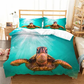 

Swimming Sea Turtle Bedding Sets Deep Ocean Blue Quilt Cover Set with Pillow Sham Winter Soft Animal Bedspread Microfiber Fabric