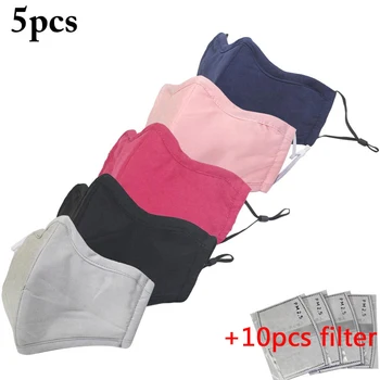

5pcs Cotton Mask Face Mask Mouth Mask Washable Reusable Anti PM2.5 Anti-Dust Masks with 10pcs Activated Carbon Filter Fabric