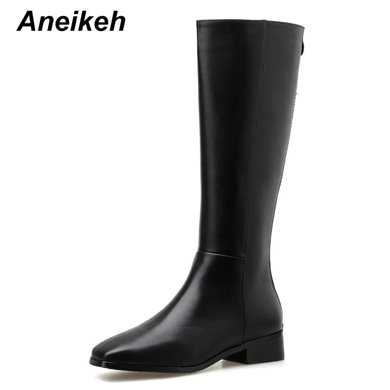 

Aneikeh NEW 2020 Spring Autumn Square head Knee-High Boots Riding Equestrian Chelsea Boots Zipper Square heel Casual Shoes Women