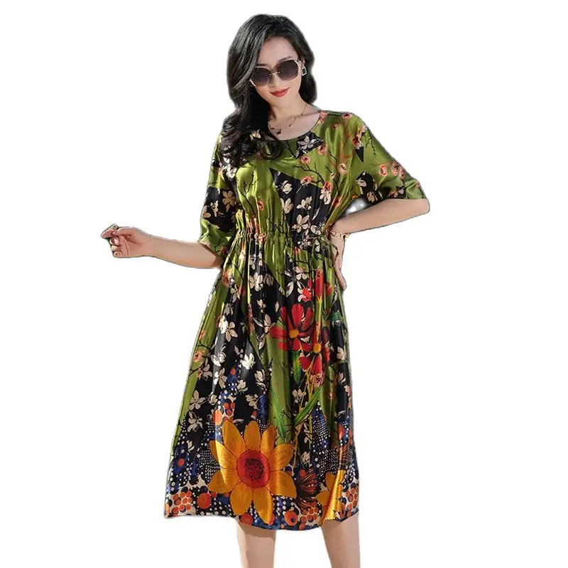 

21LLT2207 New 2021 Spring Brand Print Temperament Crew Neck Lace-up Loose Waist 100% Silk Dress