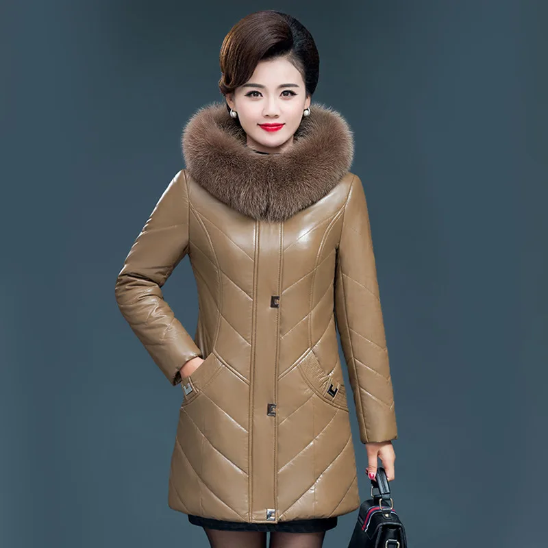 L-7XL Women Split Leather Coat Winter 2023 New Fashion Thick Warm Faux Fur Collar Hooded Sheepskin Jacket Tops Outerwear Female
