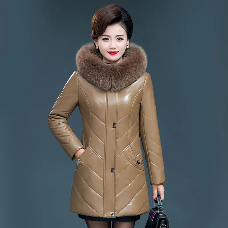 L-7XL Women Split Leather Coat Winter 2023 New Fashion Thick Warm Faux Fur Collar Hooded Sheepskin Jacket Tops Outerwear Female women big fur collar leather coat winter 2021 fashion sheepskin jacket thicken warm hooded camel tops long outerwear female