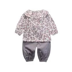 Весенне-осенний повседневный топ с длинными рукавами и цветочным принтом для маленьких девочек и брюки детский комплект одежды из двух