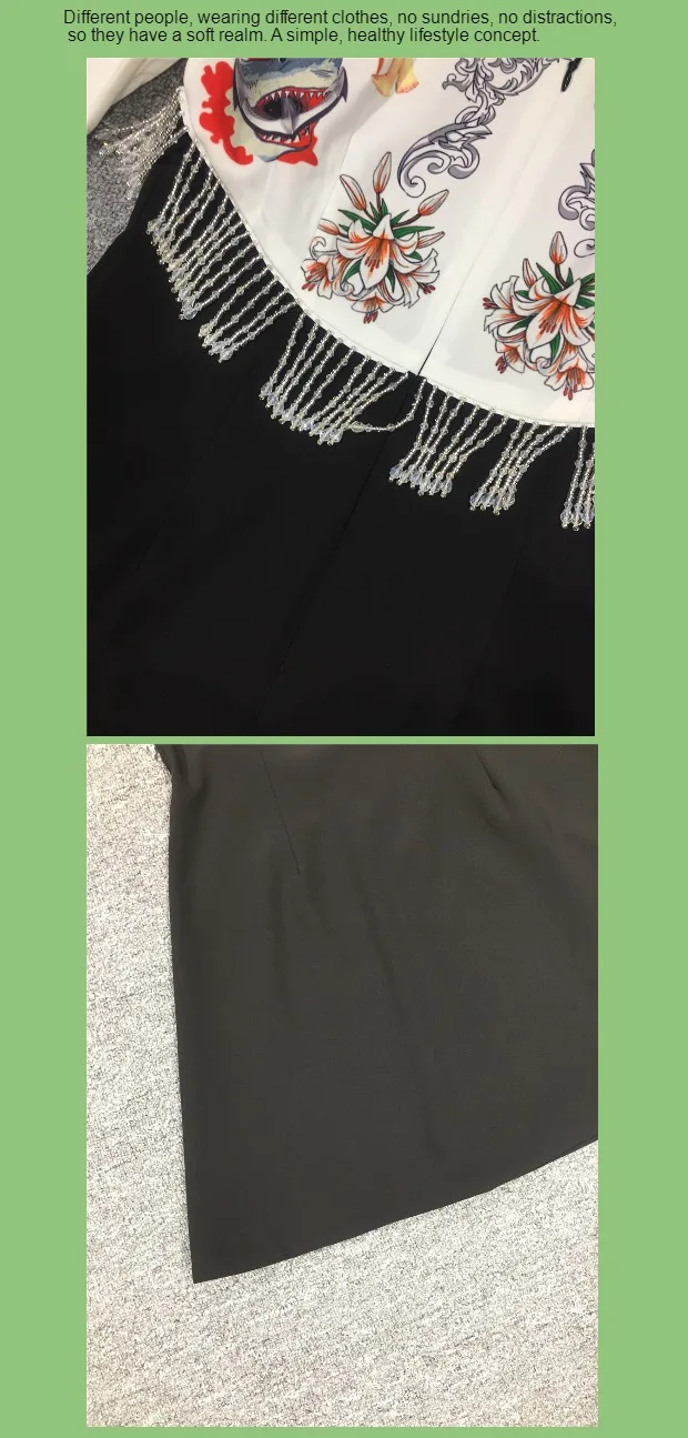 Модное новое осеннее платье moda feminina vestido de festa, рукав семь четвертей, шарф с принтом, украшенное бисером, кисточками, Черное мини-платье