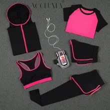 Voobuyla, женские комплекты для бега, спортивные Леггинсы для йоги, рубашки, шорты, жилет, бюстгальтер, куртки, Колготки с капюшоном, одежда для фитнеса, костюм для бега, 5 шт