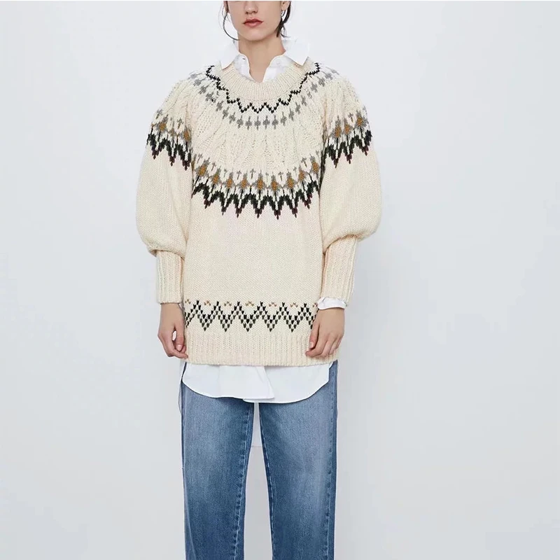 

ZA 2020 women white beige Vintage jacquard knitted sweater lantern sleeve pullover female oversize woman pull