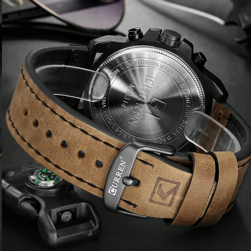 CURREN-reloj analógico con correa de cuero para hombre, accesorio de pulsera de cuarzo resistente al agua con calendario, complemento masculino deportivo de marca de lujo con diseño militar y estilo informal, 8314 - Imagen 5