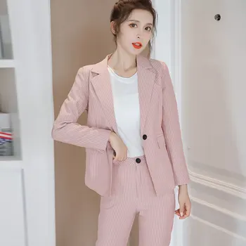 

Pant Suits For Women 2020 Autumn New Pink Striped Small Suit + Ankle Length Trousers Two-piece Long Sleeve Office Lady Suit