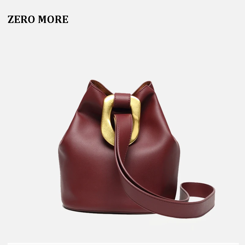 

Genuine Leather Bucket Handbag Women Vintage Metal Buckle Soft Genuine Leather Tote Shoulder Bags Ladies Luxury Black Purse