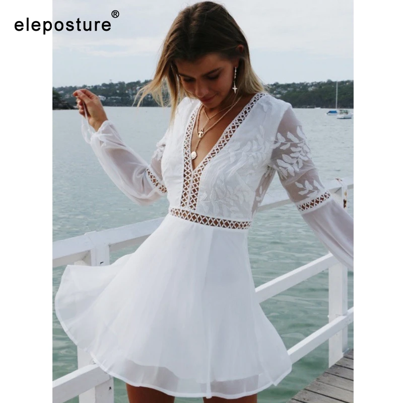 Sexy Hollow Out Lace Beach Dress Long Sleeve Beach Cover Up Women Bikini Swimwear Cover Up Bathing Suit Cover-Ups Beachwear