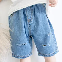 Детская одежда; джинсовые шорты; Новинка года; сезон лето; корейский стиль; для мужчин и женщин; для детей; универсальные потертые ковбойские однотонные шорты