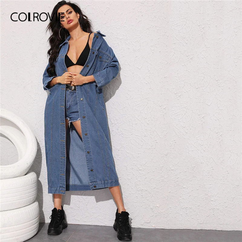 discounted COLROVIE Navy Topstitching Button Front Longline Denim Jacket Women 2019 Autumn Streetwear Ladies J
