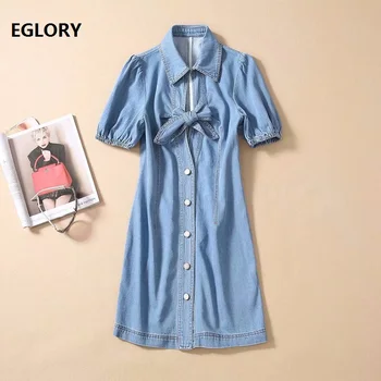 

High Quality Denim Dress 2020 Spring Summer Ladies Turn-down Collar Bowknot Front Beading Buttons Short Sleeve Blue Jeans Dress