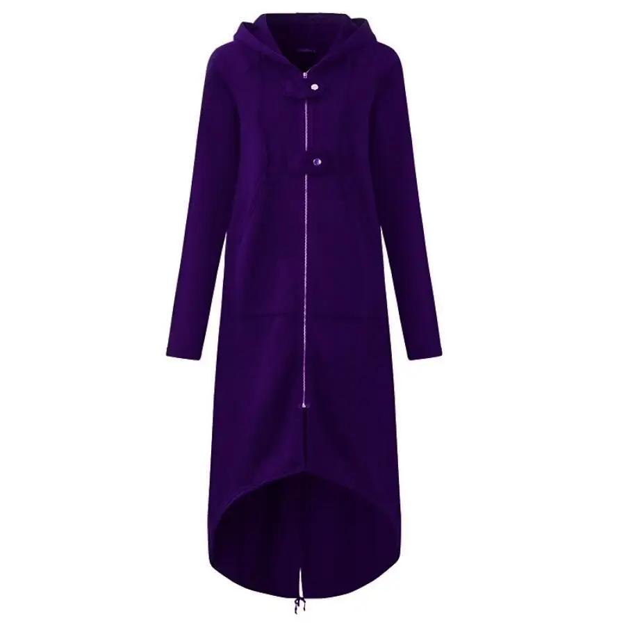 5XL Женская толстовка осенне-зимняя модная верхняя одежда асимметричное длинное пальто на молнии с длинными рукавами плюс размер женский черный теплый топ - Цвет: Фиолетовый