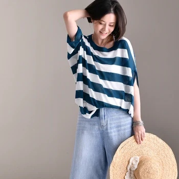 

MICOCO Z6018 Loose round neck striped short sleeve knit