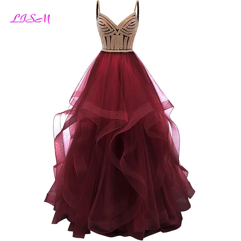 Tulle Crystal Beaded Long Prom Dresses Tiered Formal Evening Dress Spaghetti Straps Sweetheart Ball Gown Princess Party Gowns Prom Dresses