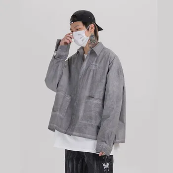 

Male High Street Hip Hop Loose Short Coat Outerwear Men Vintage Washed Old Long Sleeve Casual Shirt Style Jacket