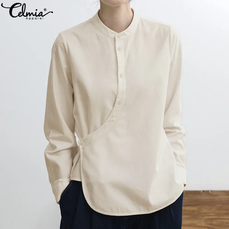 

Celmia 2019 Spring Casual Women Vintage Linen Blouse Elegant Work Buttons Shirt Irregular Loose Tops Blusas Femininas Plus Size