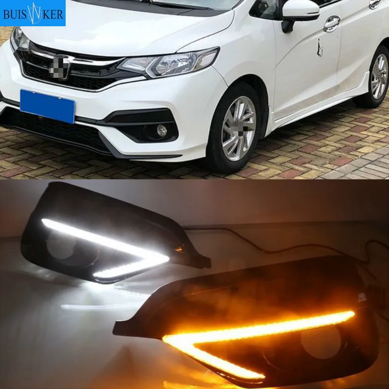 

1 пара для Honda Fit Джаз спортивные RS 2018 2019 отложным воротником желтый сигнал реле Водонепроницаемый дневные ходовые огни 12V светодиодные дневные ходовые огни светильник противотуманная фара