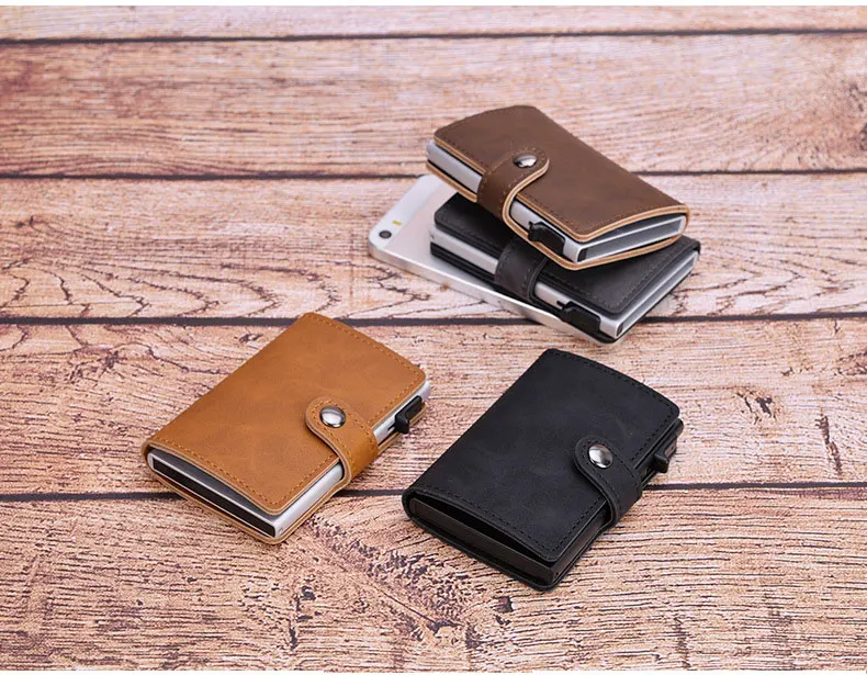 Blocking Vintage Men Credit Card Holder Aluminum Alloy Business ID Card Case Automatic Male Metal Leather Cardholder Wallet 2021