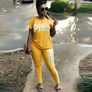 

Casual 2 Piece Set Women S-Xxxl Pink Letter Print Sexy Sweatsuit Plus Size Tops+Skinny Pants Sweat Suits Two Piece Tracksuit