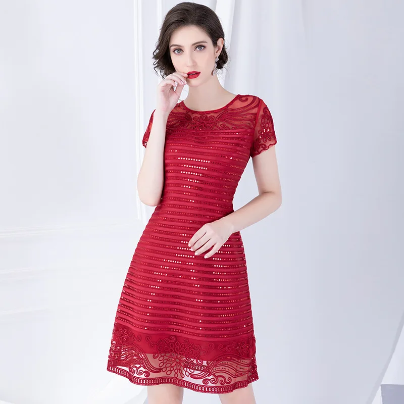

Exquisite Sequins Embroidery Dress 2019 Early Autumn Short Sleeve Splicing Middle Skirt A Pendulum Lady Skirt
