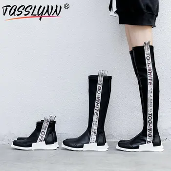 

TASSLYNN 2019 Slim Boots Korea Style long boots Slip-On Square Toe Genuine Leather Stretch Fabric Over The Knee Boots Size 35-39