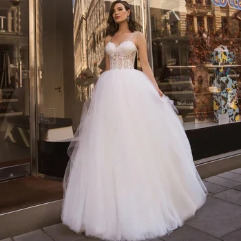 

ADLN Sexy Spaghetti Straps Lace Wedding Dress with Pearls Puffy Corset Bridal Gown Vestido de Novia Simple Bride Dress Ball Gown