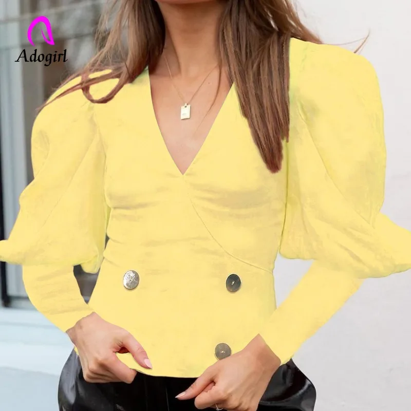 

Yellow Vintage Long Puff Sleeve Palance Blouse Women Autumn Rivet V Neck Shirts Slim Office Lady Top Casual Blusas Mujer De Moda