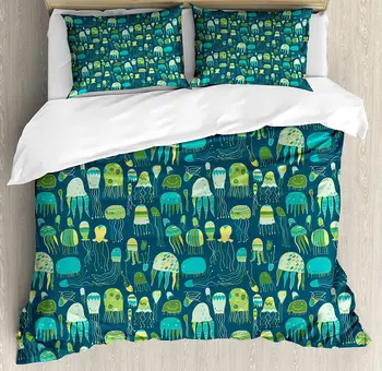

Jellyfish Duvet Cover Set Funny Sea Creatures in Childish Doodle Style with Tentacles Whimsical Pattern Bedding Set Multicolor