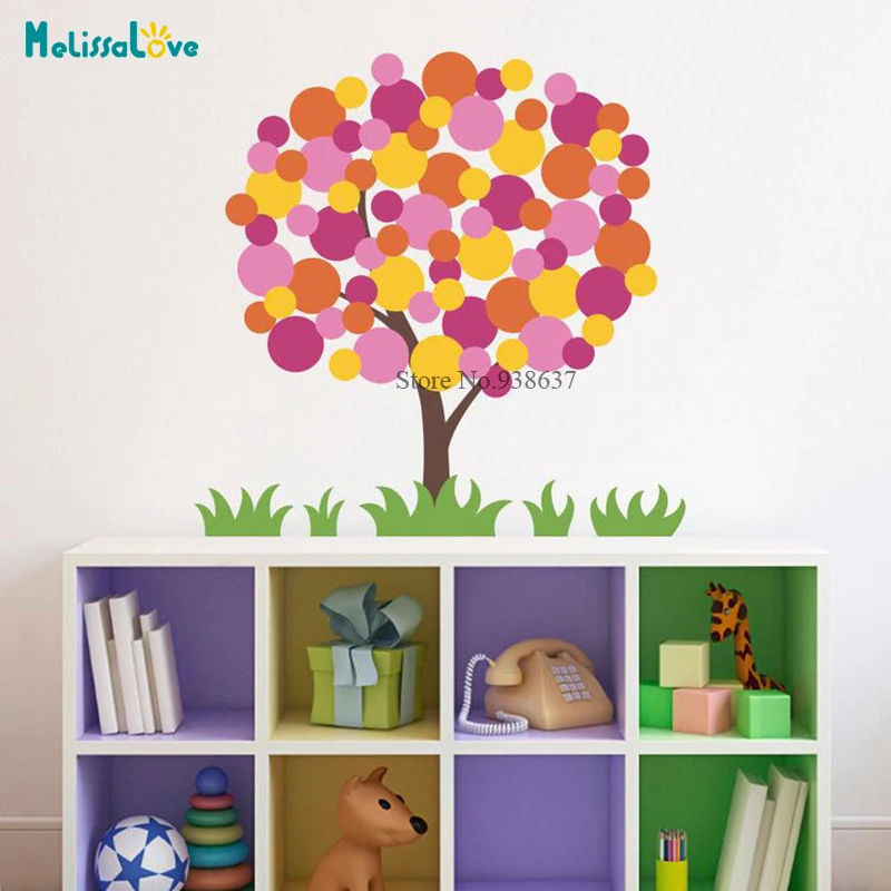 

Colorful Beautiful Polka Dot Tree Wall Decal with Gras Baby Room Nursery Playroom Decal Removable Vinyl Wall Sticker BB589-2