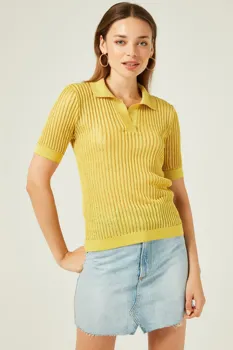 

CELLULAR POLO COLLAR SILVERY SHORT SLEEVE KNITWEAR BLUZ