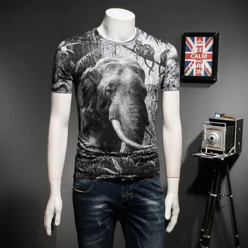 

2020 Short-Sleeved Mens T-shirt Fashion Double Silk Cotton Gray Style Slim Youth Elephant Printing Male Casual T-Shirts Big Size