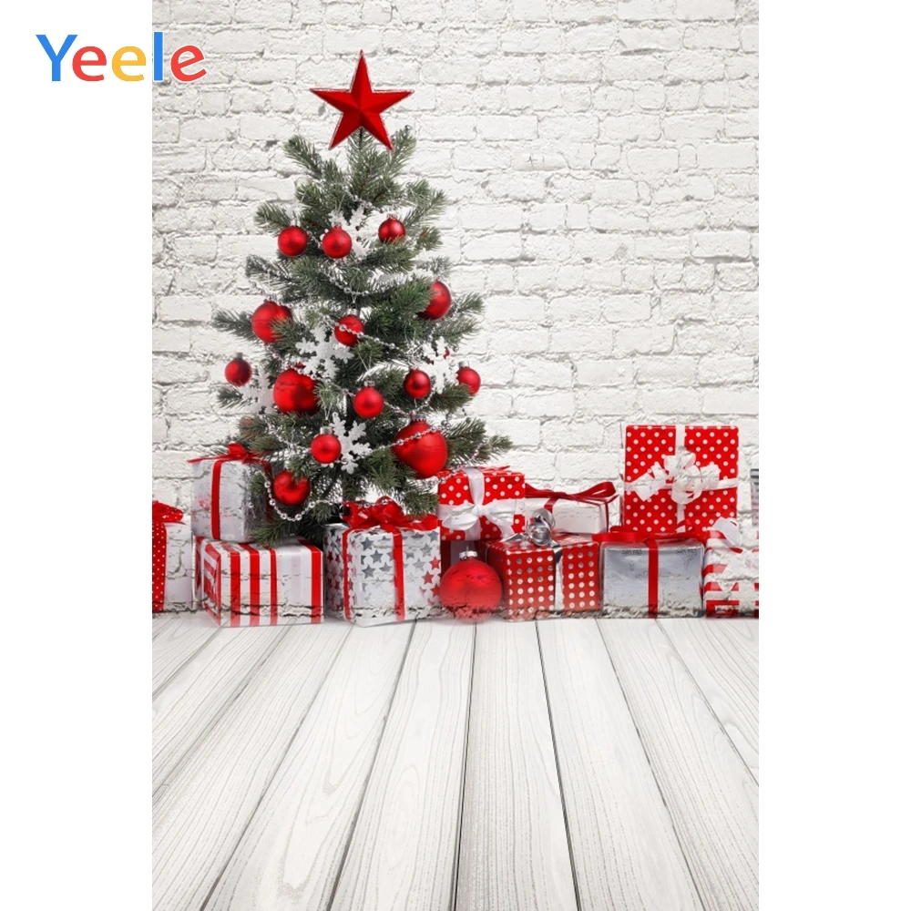 

Yeele Christmas Tree Gifts Brick Wall Wooden Floor Photography Backgrounds Customized Photographic Backdrops for Photo Studio
