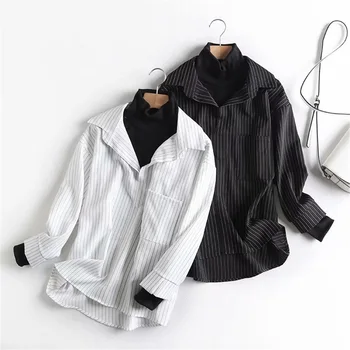 

2020 Spring Women's New Lapel Long Sleeve Striped Shirt Fake Two Piece Design Niche Retro Hong Kong Flavored Shirt