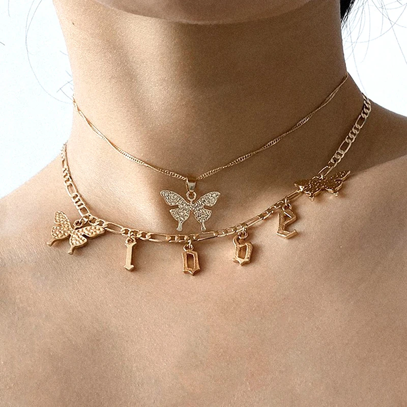 Butterfly Love Letter Choker Necklace Multi-layer Chains Necklaces For Women Girls Fashion Summer Jewelry Gifts