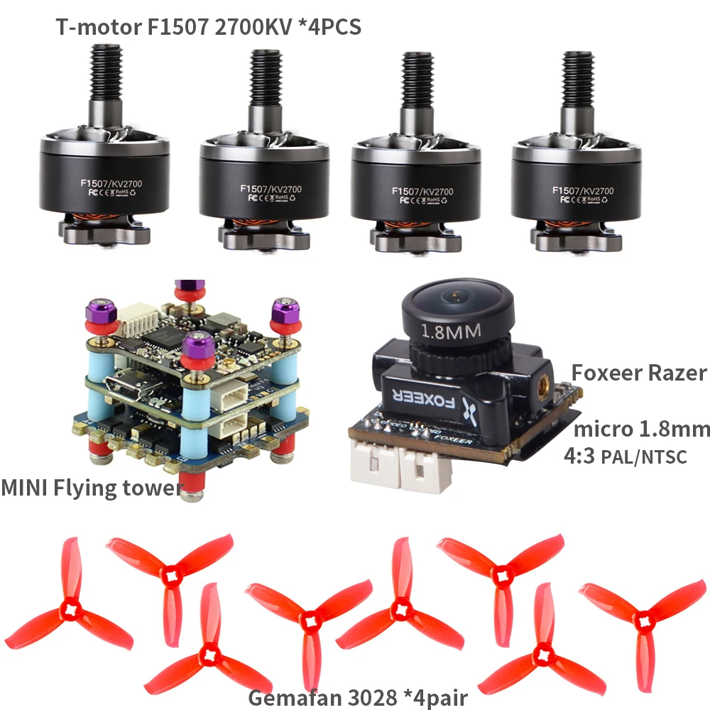 

T-Motor F1507 3800KV Motor+Small Four-axis Crossing Machine F4mini Flying Tower+ Gemfan 3028 Pros+Foxeer Razer Micro 4:3 Camera