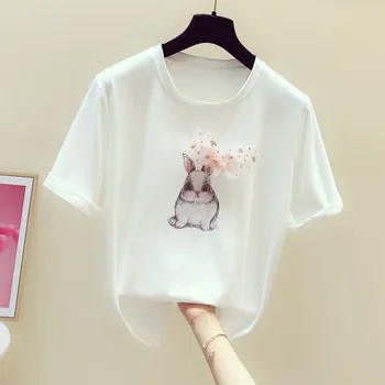 

White Tshirt Women Cute Bunny Printed Sequin Bow Short Sleeve Round Collar T-shirt Women's Summer Tees Tops Students T Shirt