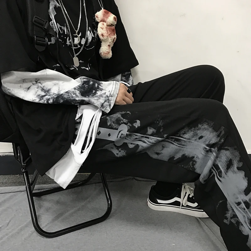 Эластичный пояс Высокая уличная карманная сторона Harajuku панк Графический Готический граффити печати Свободные прямые шаровары женские мужские
